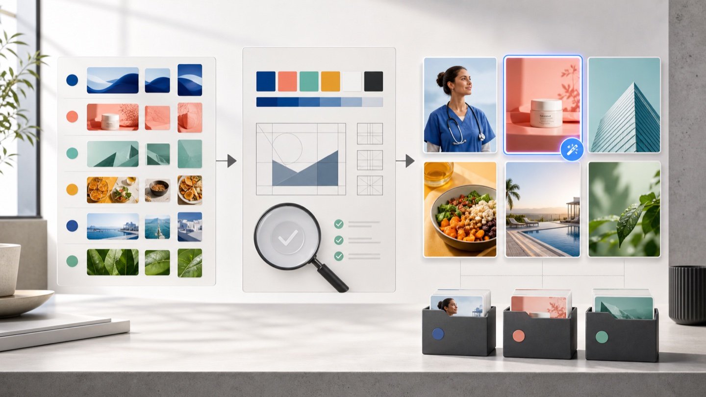 A topic batch moving through brand governance and quality checks into diverse approved images and organized folders