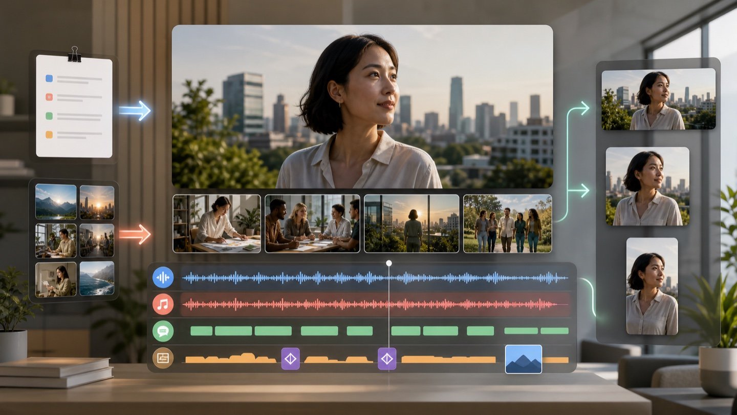 Source media becoming a scripted, narrated, captioned video and landscape, square, and vertical versions